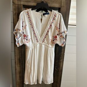 Blue Rain Boho Embroidered Mini Dress white Festival Peasant Cottagecore Size M